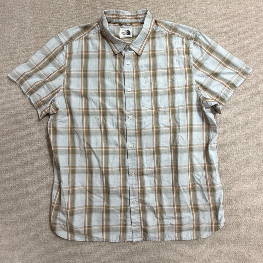 vtg‎ The North Face Mens XXL Plaid SS Button Down Shirt Brown Blue Outdoor
